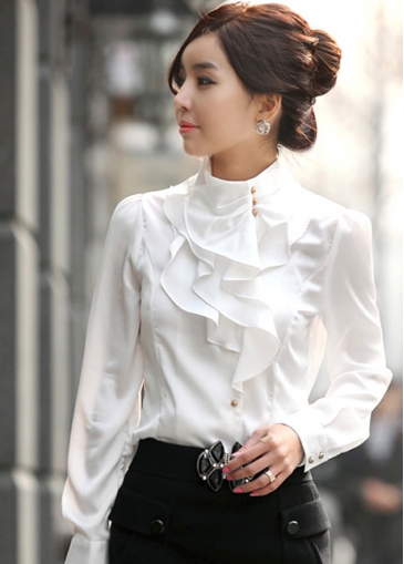 Ruffles Embellished Long Sleeve White Shirt