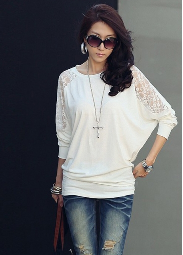 Lace Patchwork White Batwing Sleeve T Shirt
