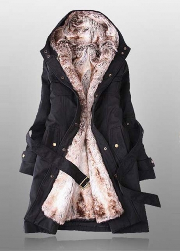 Hooded Collar Zipper Fly Black Fleece Coat