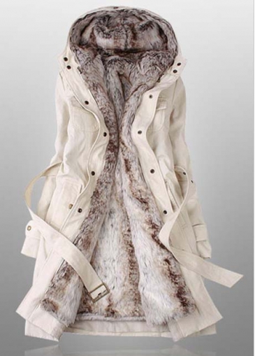 Long Sleeve Cotton Padded Hooded Beige Coat