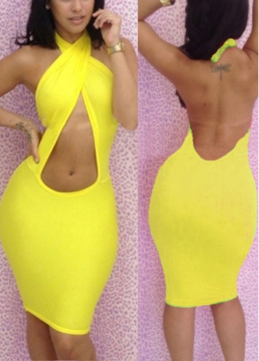 Vogue Yellow Backless Sleeveless Knee Length Bodycon Dress