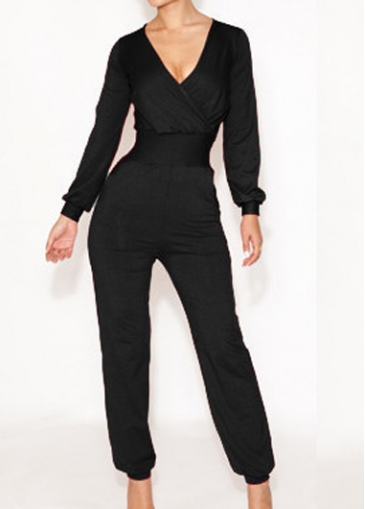 Black V Neck Sheared Waist Ankle Length Jumpsuits