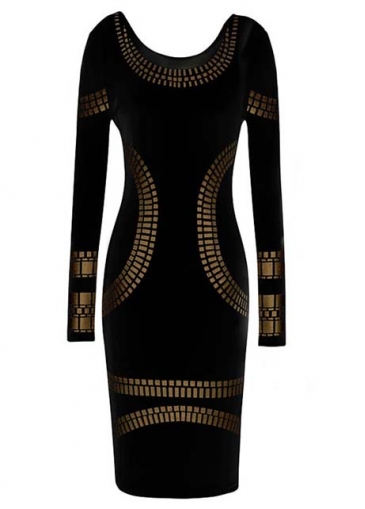 Black Long Sleeve Round Neck Foil Print Sheath Dress