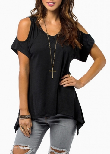 V Neck Cold Shoulder Black Asymmetric T Shirt