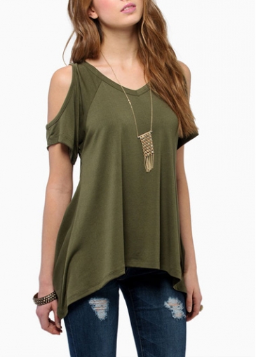 V Neck Cutout Shoulder Green T Shirt