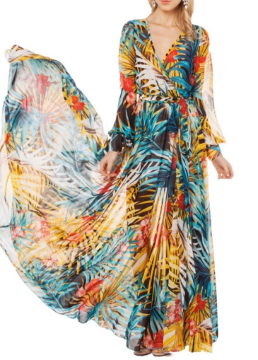 Bohemian V Neck Printed Chiffon Wrap Maxi Dress