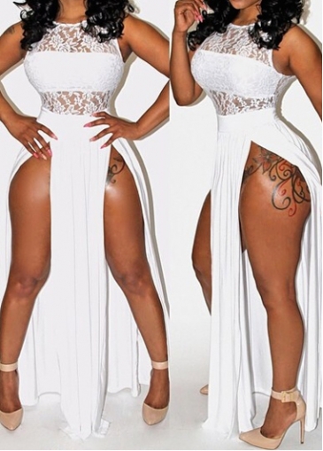 White Lace Splicing Double High Slit Maxi Dress