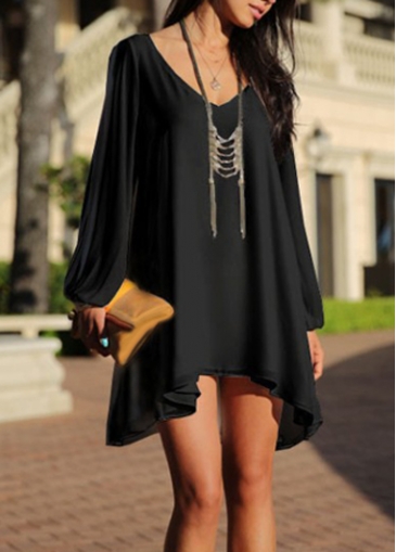 Black V Neck Lantern Sleeve Short Chiffon Dress