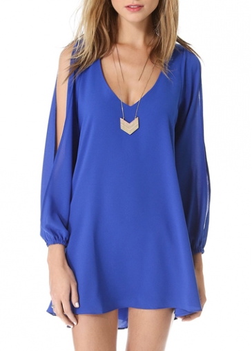 V Neck Split Sleeve Loose Blue Chiffon Dress