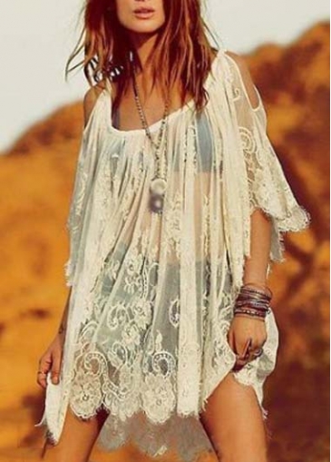 Flare Sleeve Semi Sheer Lace White Beach Dress