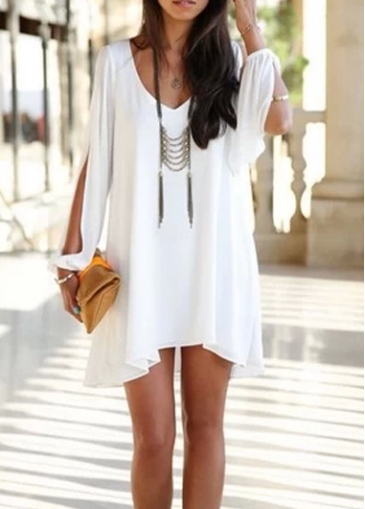 Solid White V Neck White Chiffon Dress