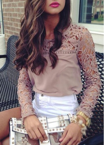 Chiffon Round Neck Crochet Lace Splicing Blouse