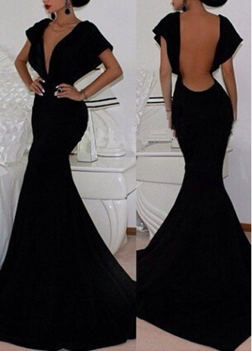 Black V Neck Open Back Mermaid Dress
