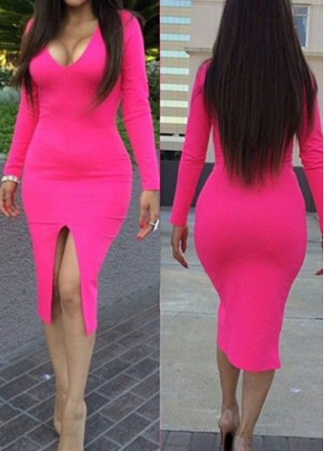 Deep V Neck Slit Bodycon Midi Dress