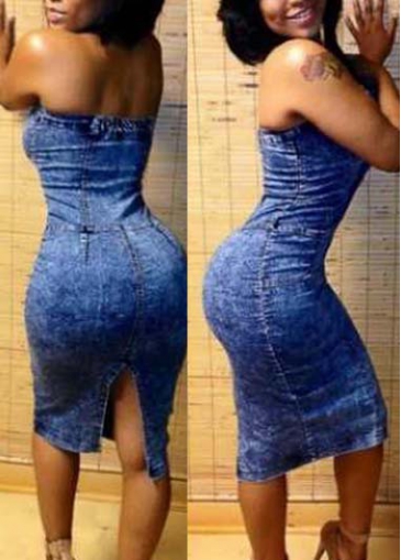 Strapless Black Slit Denim Blue Sheath Dress