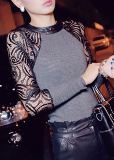 Long Sleeve Lace Panel Grey Pullover Sweater