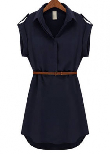 Navy Blue Belted Shirt Chiffon Dress