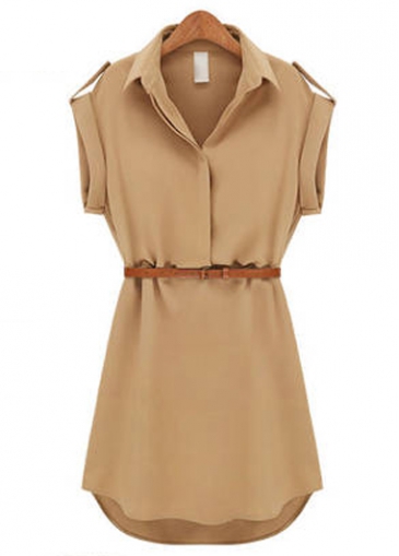OL Style Belted Khaki Turndown Collar Dress