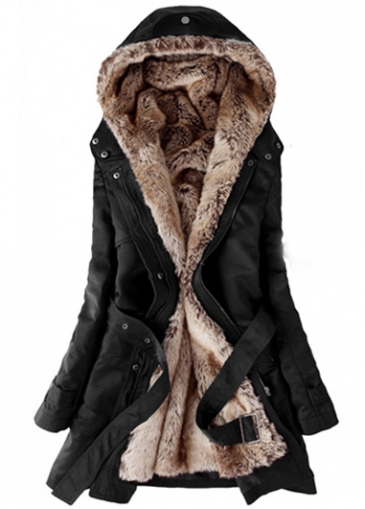 Long Sleeve Hooded Collar Black Belted Parka Coat