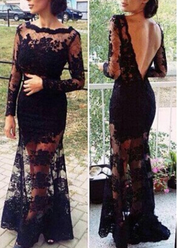 Black Cutout Back Boat Neck Maxi Lace Dress