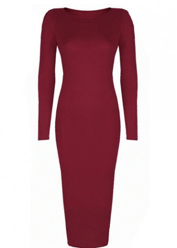 Wine Red Long Sleeve Lim Fit Pencil Dress