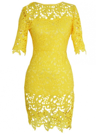 Yellow Lace Crochet Short Sleeve Slim Fit Dress
