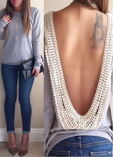 Lace Embroidered Backless Grey T Shirt