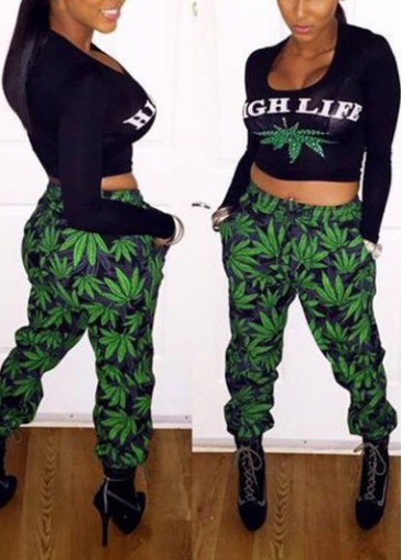 Leaf Print Black Top and Pants 