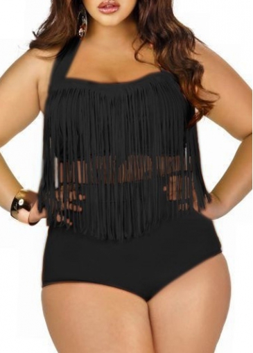 Plus Size High Waist Black Fringed Two Piece Swimsuit