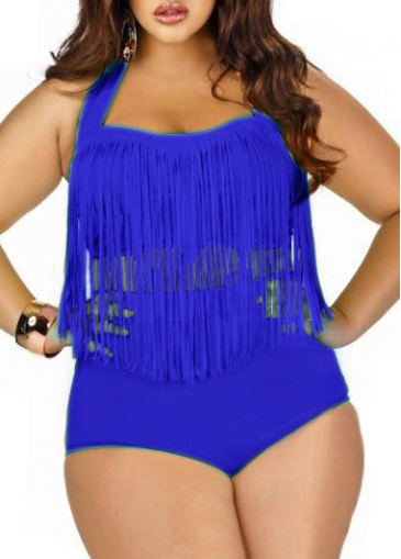 Blue Fringes Decorated Halter Two Piece Swimsuits