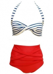 Stripe Print White and Red Halter Bikini
