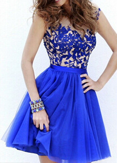 Blue Lace Crochet Sleeveless Skater Dress