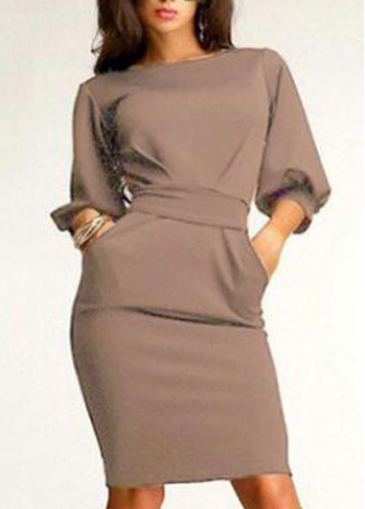 Apricot Round Neck Lantern Sleeve Sheath Dress