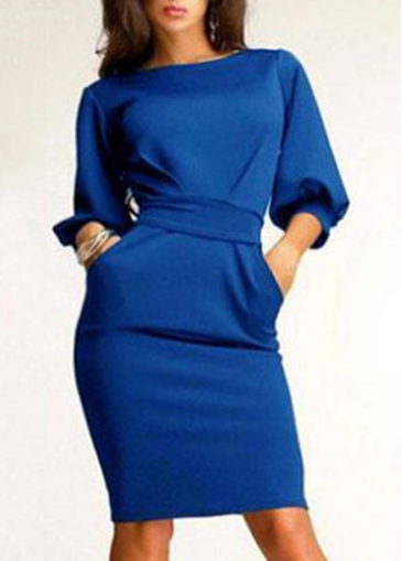 OL Style Lantern Sleeve Belted Blue Pencil Dress