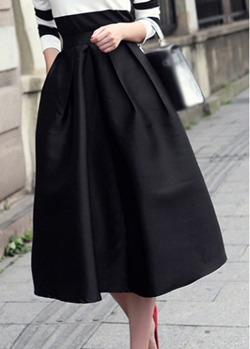 Vintage Black High Waist Flared Midi Skirt