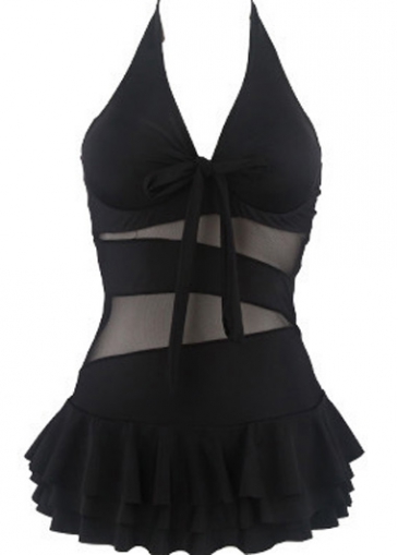 Mesh Splicing Black V Neck Halter Swimdress