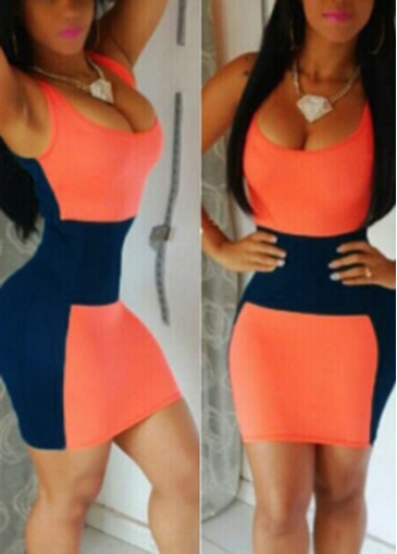 Orange and Blue Sleeveless Bodycon Club Dress