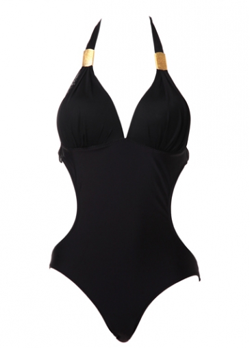 Solid Black Cutout Waist Halter Monokini