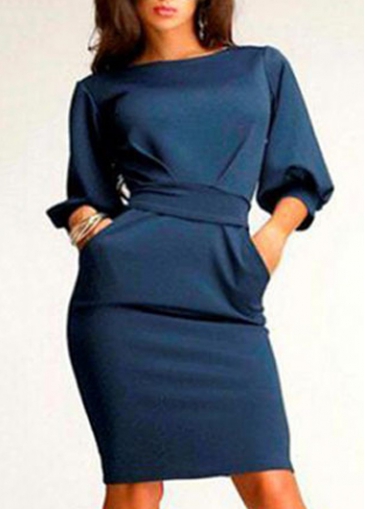 OL Style Lantern Sleeve Navy Blue Pencil Dress
