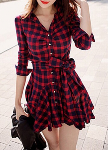 V Neck Button Closure Plaid Flared Skater Dress