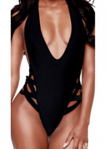 Solid Black Open Back Halter Swimwear