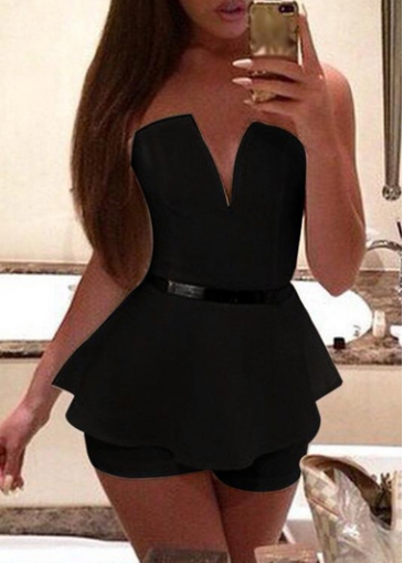 V Neck Strapless Black Peplum Romper