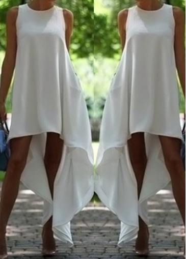 Round Neck White Chiffon Asymmetric Dress