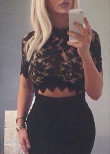 Black Short Sleeve Skinny Lace Crop Blouse 