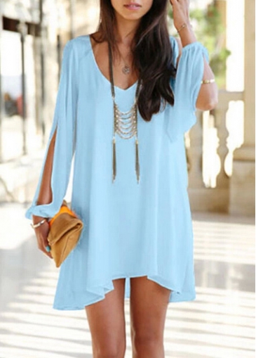 Lantern Sleeve V Neck Blue Mini Chiffon Dress
