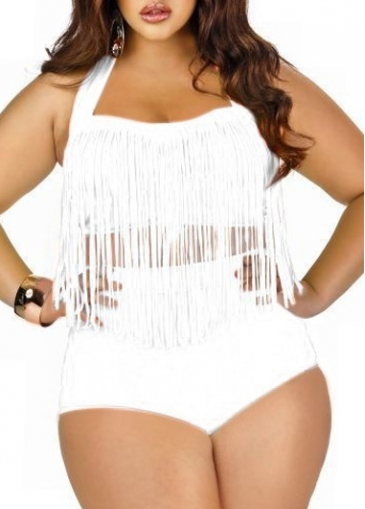 Halter White Fringe Decorated Two Piece Swimwear