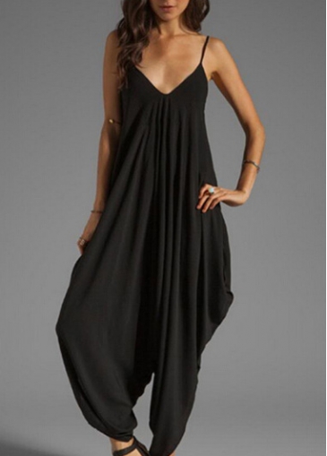 Solid Black Strap Design Loose Jumpsuit