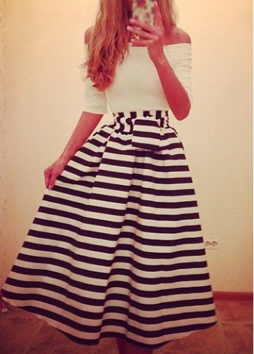 Striped Off the Shoulder A Line Dress 