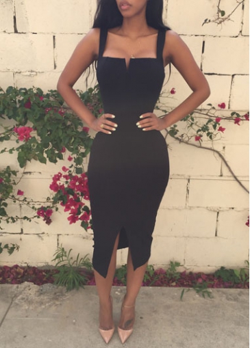 Front Slit Black Mid Calf Dress 