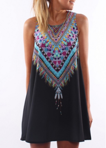 Black Sleeveless Ethnic Print Straight Dress 